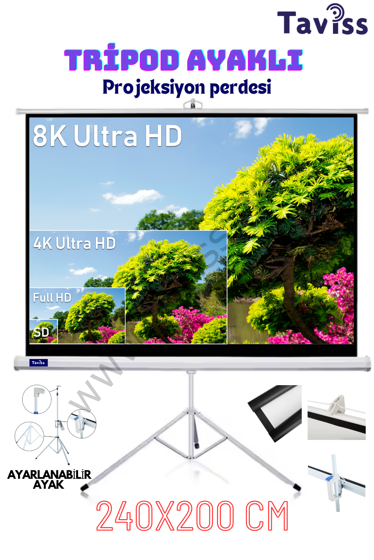 TAVİSS 240X200 CM TAŞINABİLİR TRİPOD PROJEKSİYON PERDESİ